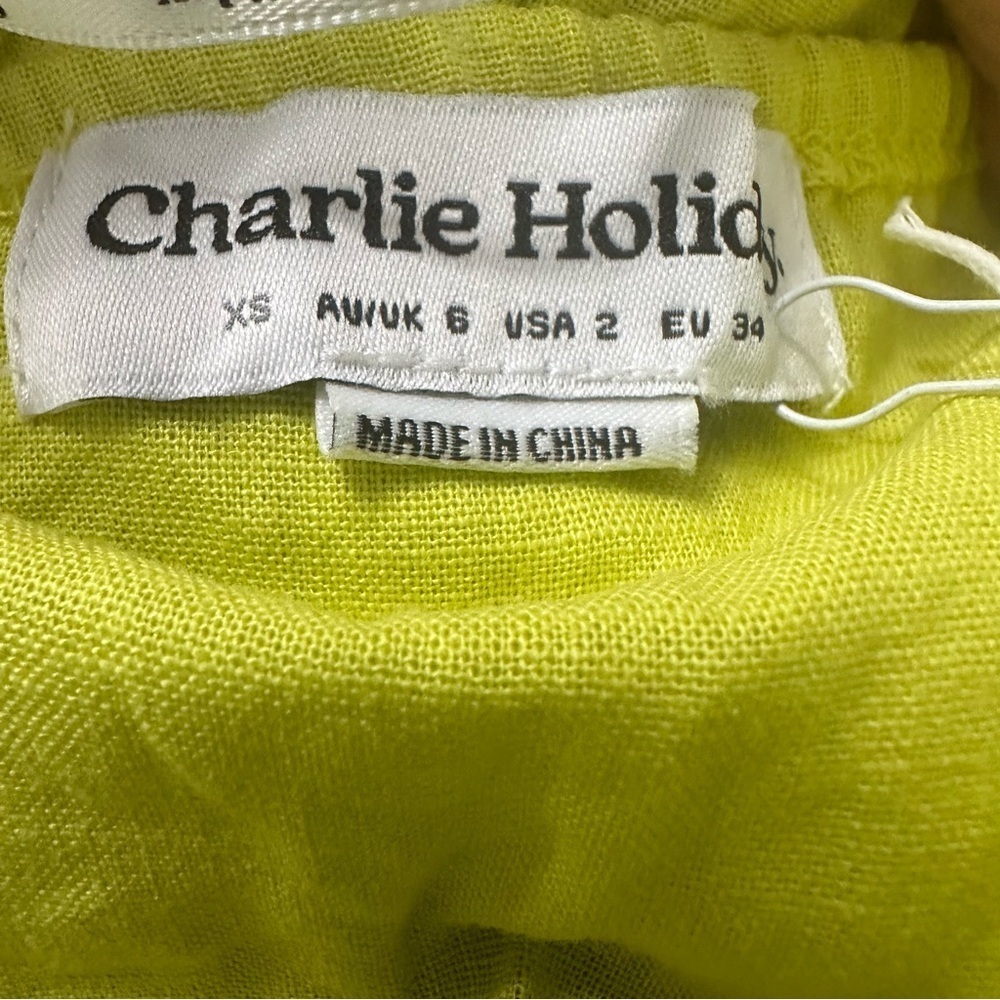 Charlie Holiday Lime Green Puff Sleeve Crop Top XS Linen Blend Resort Wear NWT - Picture 2 of 7